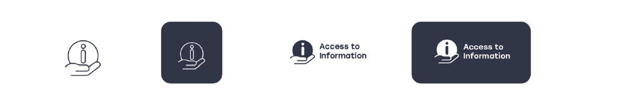 Shared icon that clearly shows people where to find government information in Australia and New Zealand. Four icons showing a hand holding an information sign. Text: "Access to information"