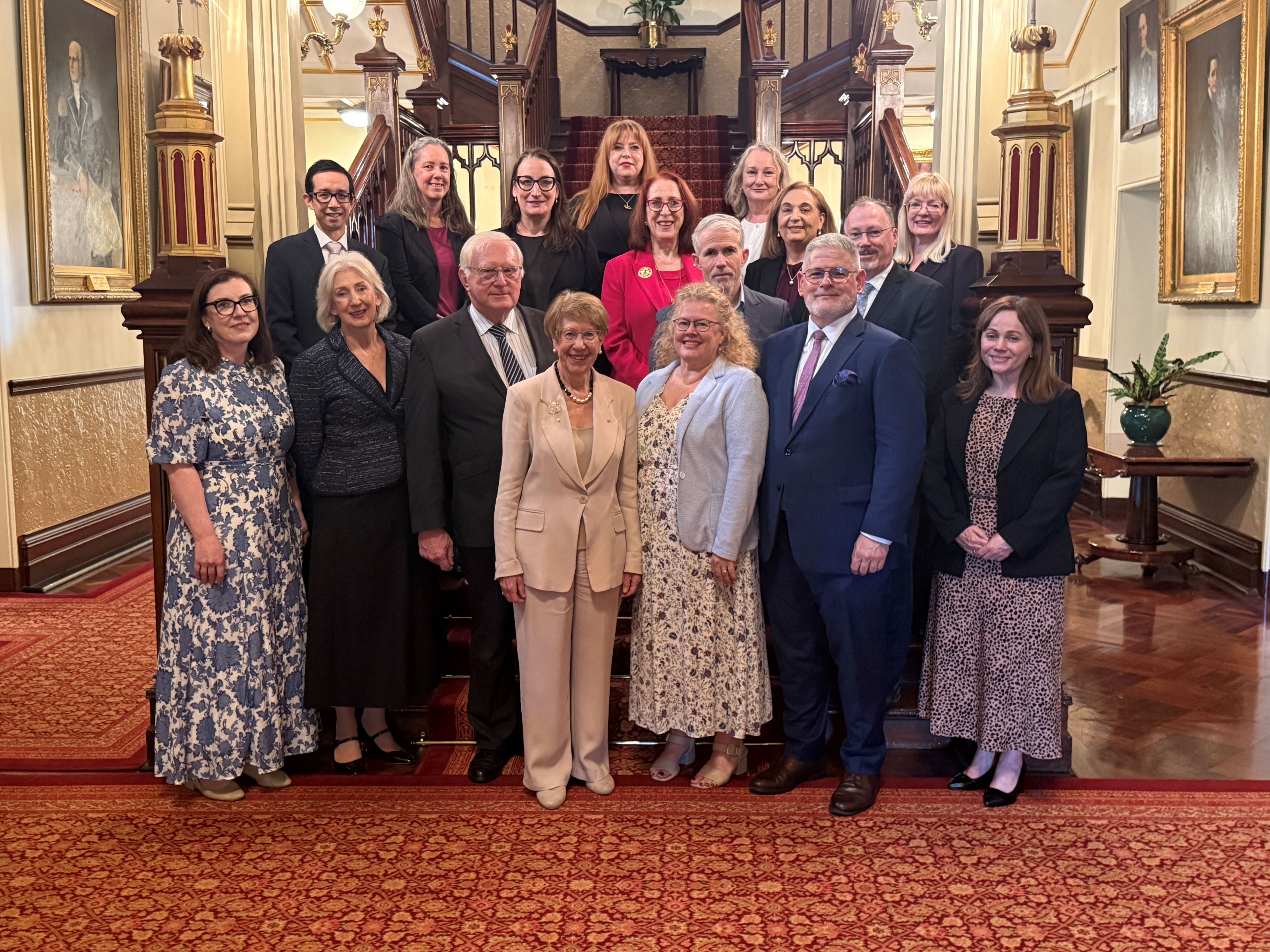 Her Excellency the Hon Margaret Beazley AC KC hosted AIAC Members for morning tea at Government House, Sydney. Group photo of the Hon Margaret Beazley AC KC with AIAC Members indoors at Government House